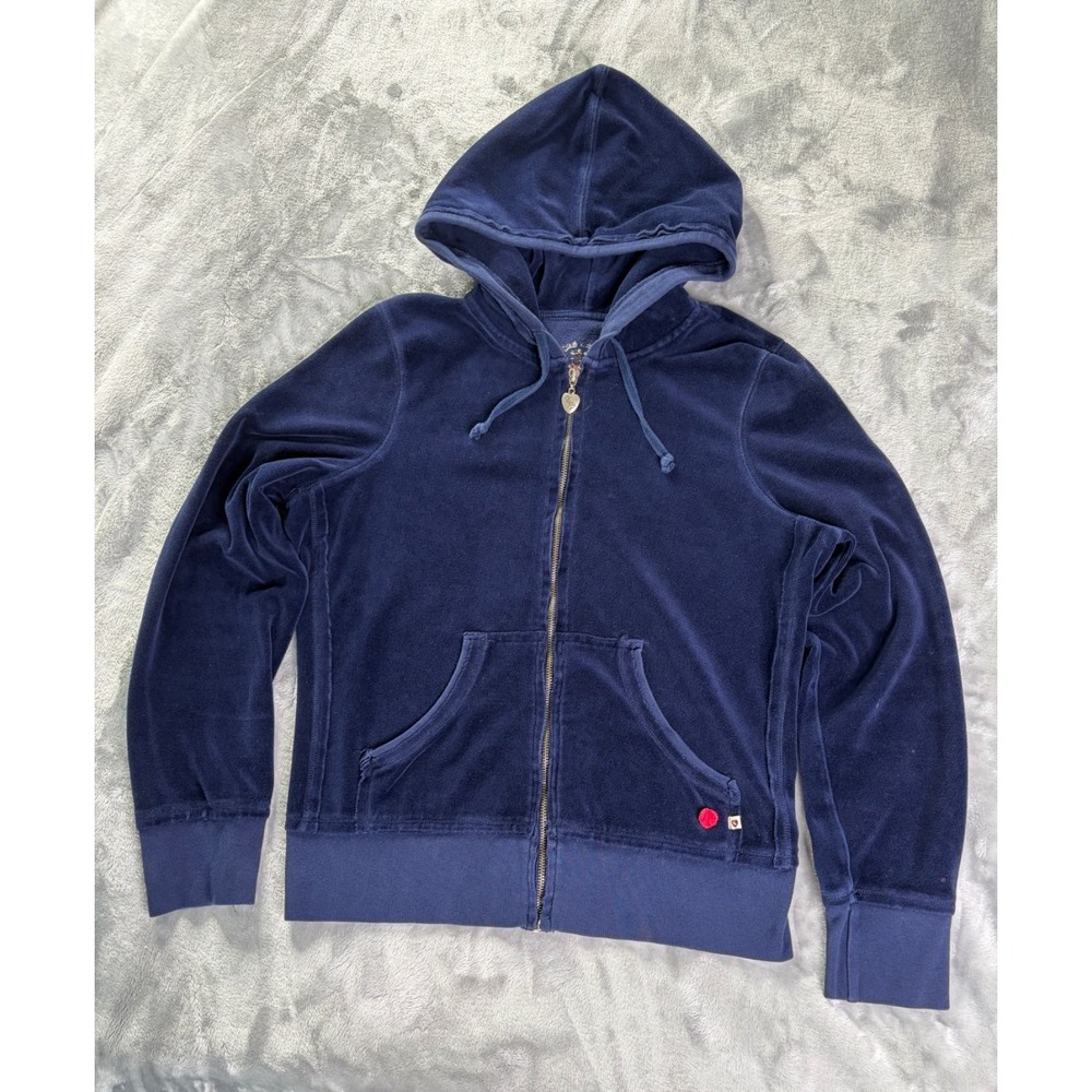 Twisted Heart Zip Hoodie Sz L Womens Navy Rhinestone Fleur De Lis Long Sleeve